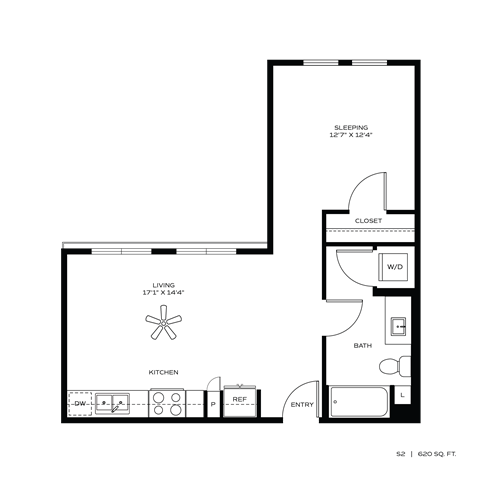 Floor plan for studio, 1 bath, 620 sqft